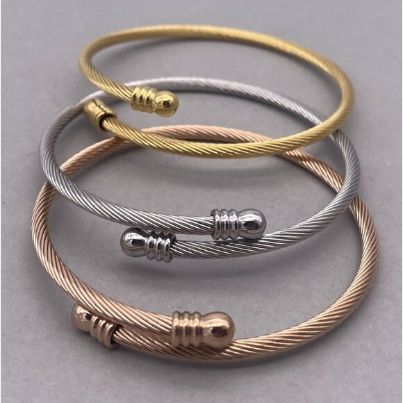 Set of Three Cuff Bangle Bracelet Silver Gold and Rose Gold Tone Stackable - Picture 2 of 5